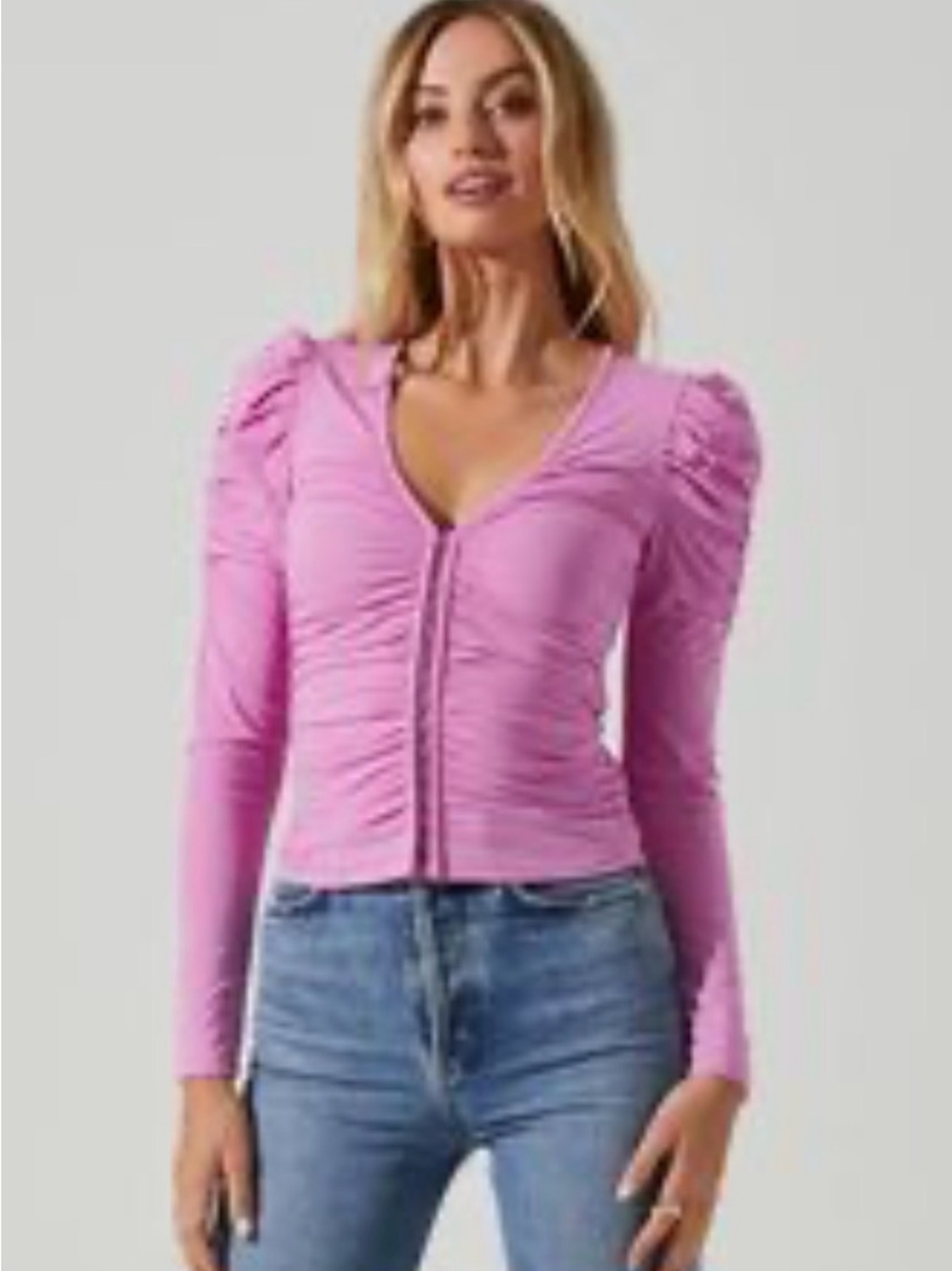 Astr Ruched Zip-Front Long-Sleeve Top in Pink